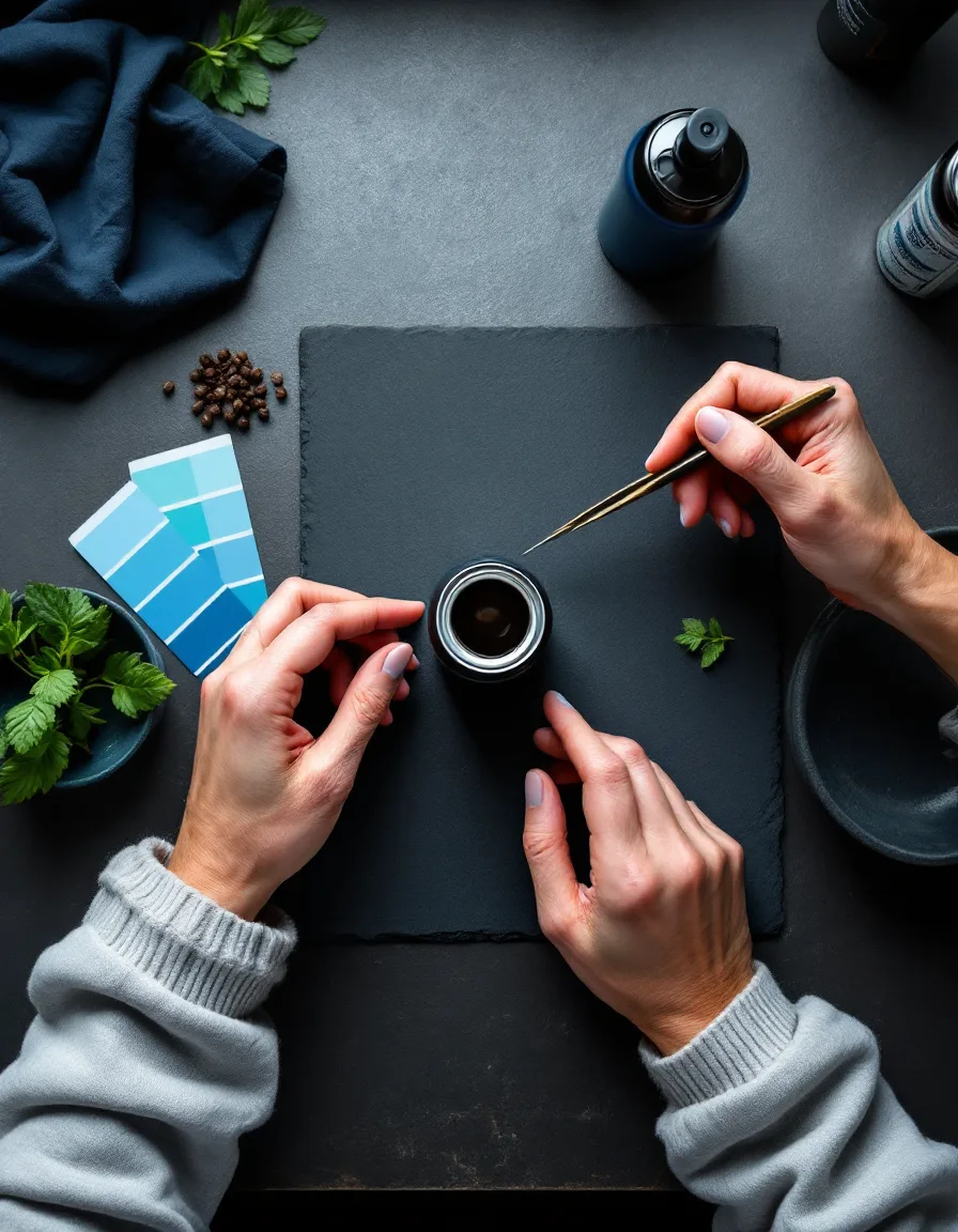 A photographer's hands placing a cold brew can on the studio set table with tweezers and a color checker