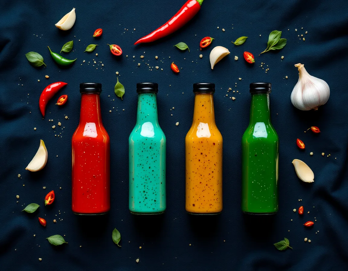 Four sauce bottles in a row on navy linen, seen from above
