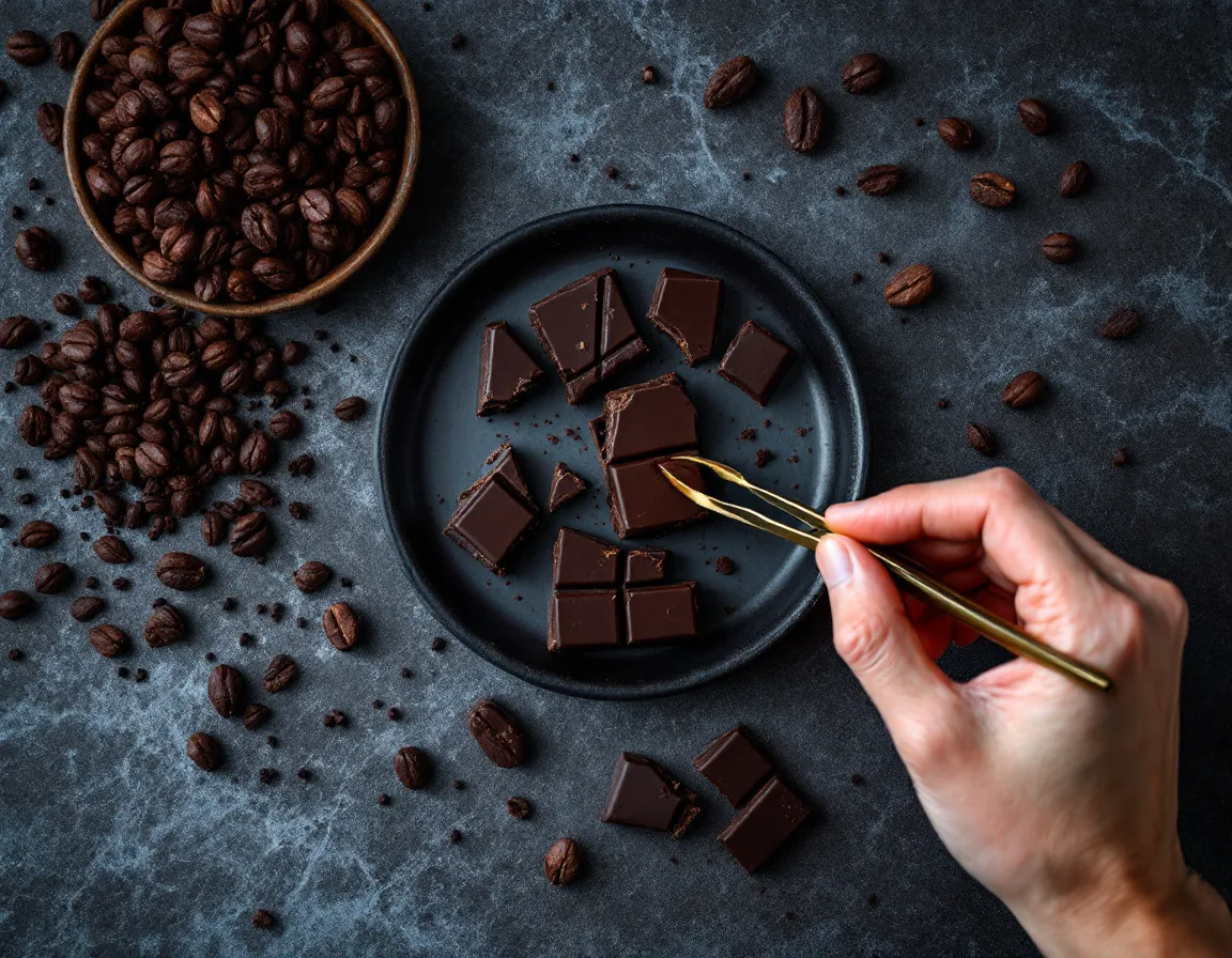 Styled overhead campaign set with dark chocolate and cacao nibs on charcoal stone
