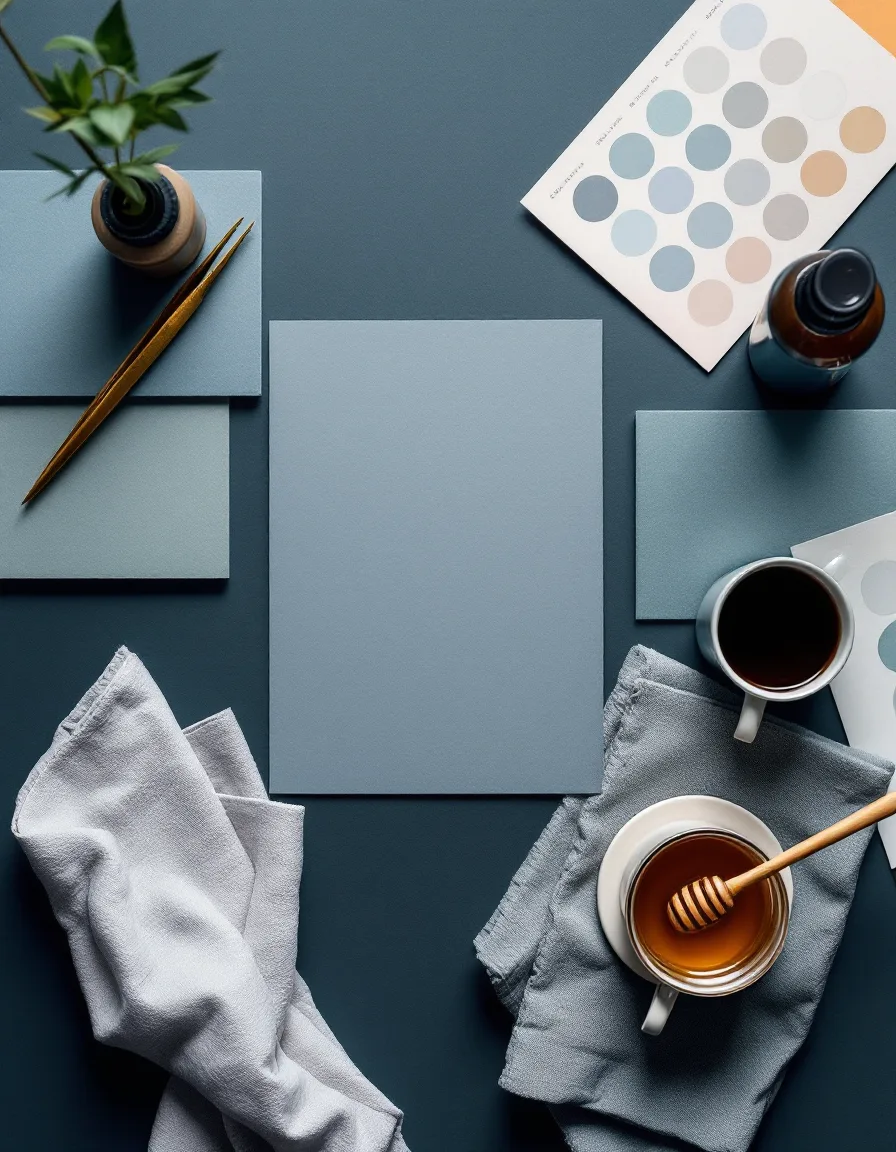 Overhead view of the studio styling table with color checker, tweezers, espresso cup and honey jar